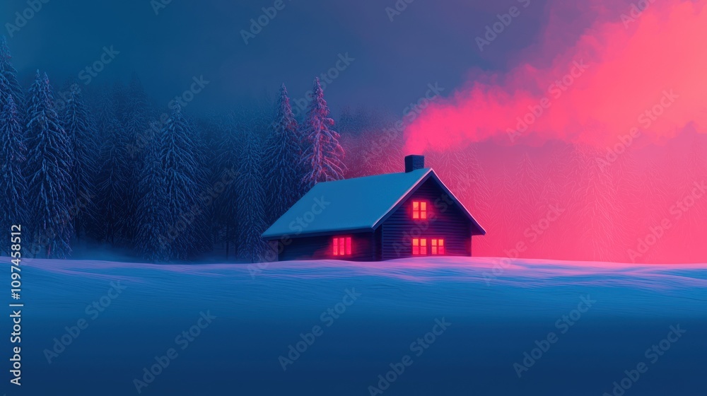 Fototapeta premium A cozy cabin in a snowy landscape, illuminated by warm light, surrounded by tall trees and a vibrant, colorful sky.