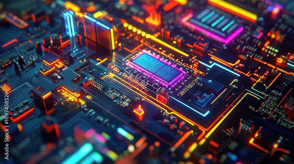 Vibrant Neon Circuit Board Close-Up of Glowing Electronic Components and Microchip - Abstract Technology Background Vibrant Neon Circuit Board Close-Up of Glowing Electronic Components and Microchip - Abstract Technology Background