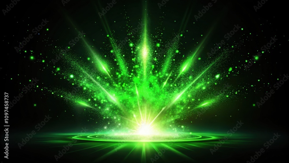 Fototapeta premium A radiant green energy explosion with sparkling particles and glowing rays emanating from a central point