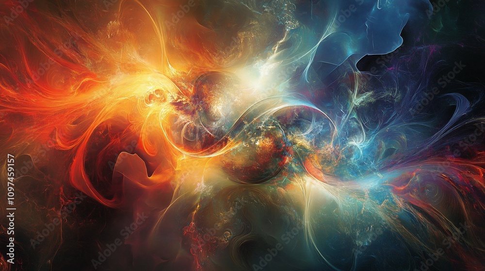 Fototapeta premium Abstract fiery and icy swirling nebula cosmic energy clash.