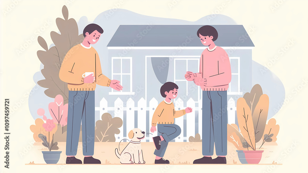 Neighbors and Child with Pet Dog Neighbors and Child with Pet Dog