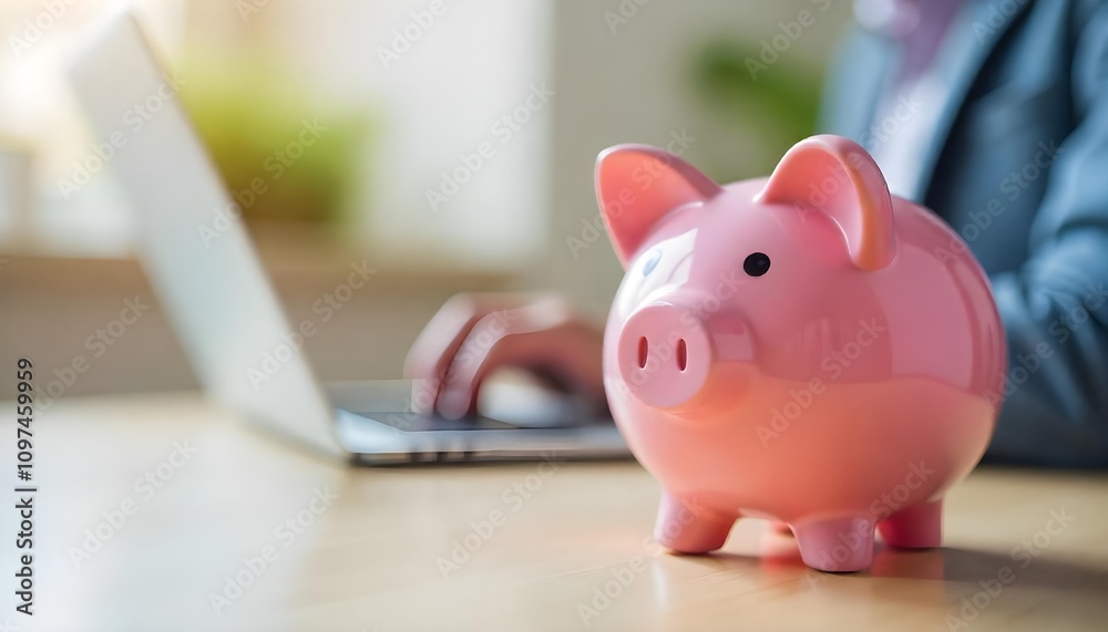 Pink piggy bank with a man working in laptop at background Pink piggy bank with a man working in laptop at background