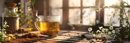 Warm Herbal Tea and Fresh Flowers on Rustic Table: A Holistic Remedy for Wellness and Serenity