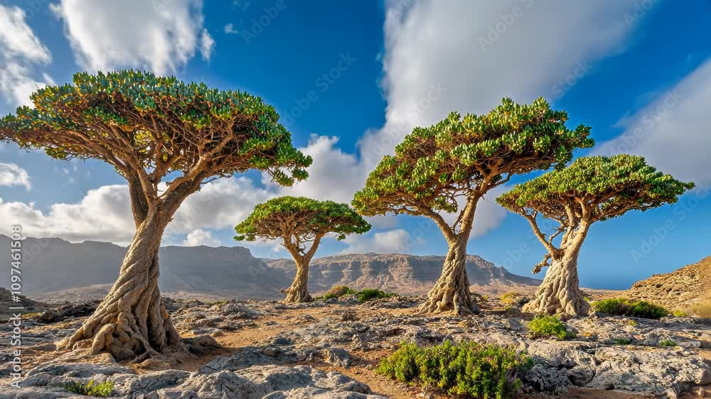 A scenic view of unique trees against a dramatic sky and rocky landscape. A scenic view of unique trees against a dramatic sky and rocky landscape.