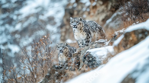 Majestic Snow Leopards in Winter Wonderland Two Endangered Cats on Rocky Mountain Peak photo