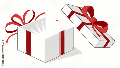 3d realistic vector icon illustration. Open and closed white gift boxes with red silky ribbon bow. Present box with glow inside isolated on white background.
