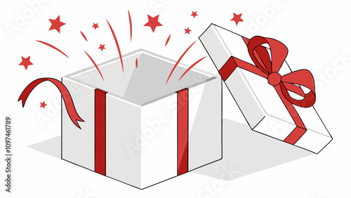 3d realistic vector icon illustration. Open and closed white gift boxes with red silky ribbon bow. Present box with glow inside isolated on white background.
