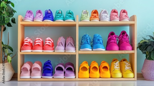 Colorful Display of Casual Footwear in a Modern Interior with Green Walls and Decorative Plants Showcasing Variety and Style for Fashion Enthusiasts