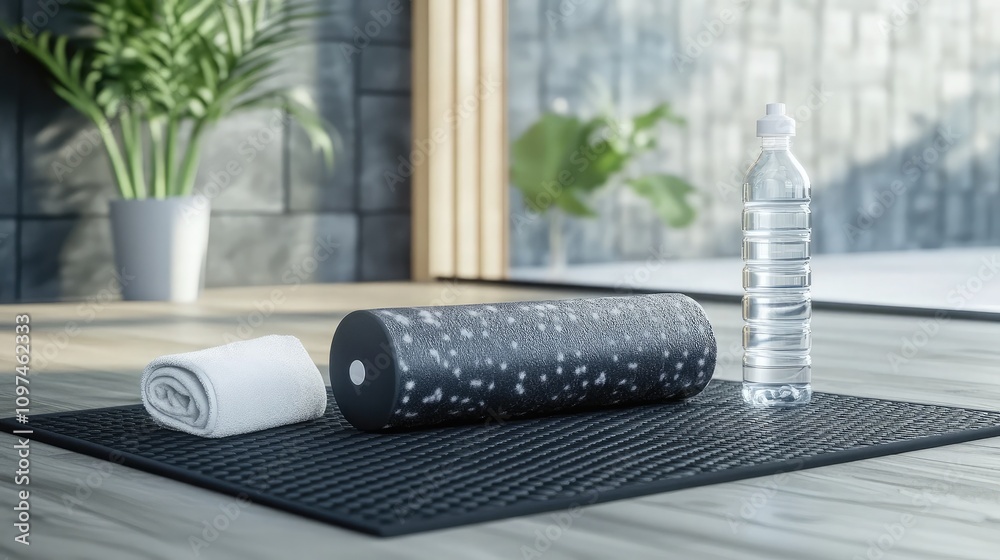 Relaxation and Recovery Scene with Foam Roller, Water Bottle, and Towel on Mat Surrounded by Greenery in a Contemporary Fitness Space Relaxation and Recovery Scene with Foam Roller, Water Bottle, and Towel on Mat Surrounded by Greenery in a Contemporary Fitness Space