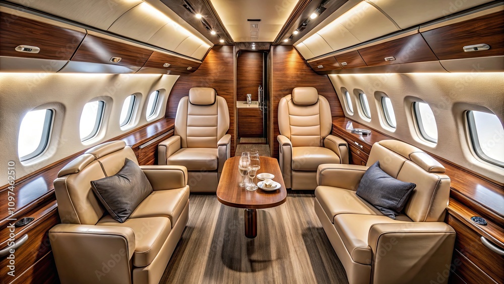 Fototapeta premium Luxurious private plane interior with plush leather seats, elegant wood paneling, and modern amenities, private jet