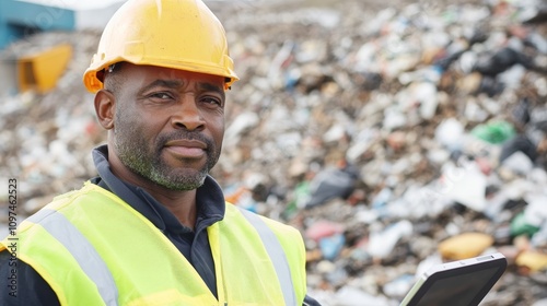 Waste Management Worker with Tablet at Recycling Site in Protective Gear