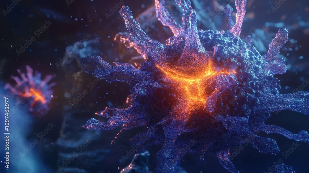 Microscopic View of Glowing Virus Particle, Abstract 3D Render of Infectious Agent, Cell Structure, Biomedical Science Concept Microscopic View of Glowing Virus Particle, Abstract 3D Render of Infectious Agent, Cell Structure, Biomedical Science Concept