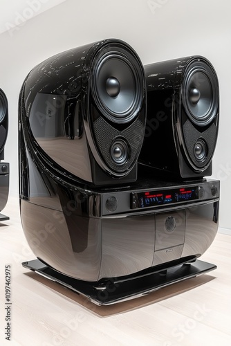 Cutting-edge black audio speakers displayed indoors showcasing modern design and technology in a stylish environment photo