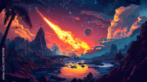 Fototapeta Naklejka Na Ścianę i Meble -  Ai-generated majestic dinosaurs in a prehistoric landscape. global earth disaster. the concept of dinosaur extinction. Flaming Meteor Strike. Illustration
