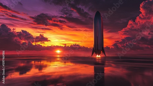 SpaceX Starship Launch at Sunset Dramatic Fiery Sky and Ocean Reflection -  Futuristic Space Exploration Concept