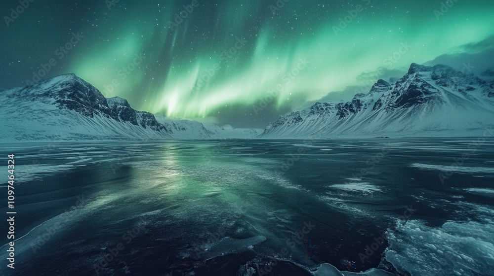 Majestic Aurora Borealis over Frozen Lake and Snow-Covered Mountains in Iceland - Night Sky Photography