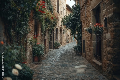 Picturesque Cobblestone Alleyway in Historic European Village Stone Buildings, Lush Greenery, and Vibrant Flowers