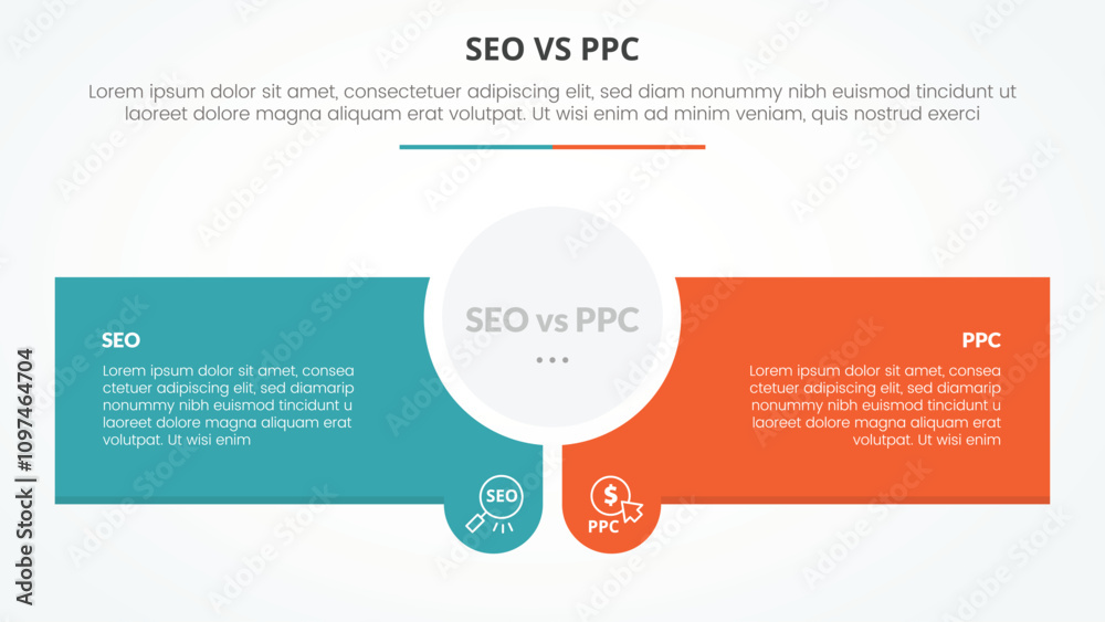 seo vs ppc advertising comparison opposite infographic concept for slide presentation with circle center and creative rectangle box with flat style seo vs ppc advertising comparison opposite infographic concept for slide presentation with circle center and creative rectangle box with flat style