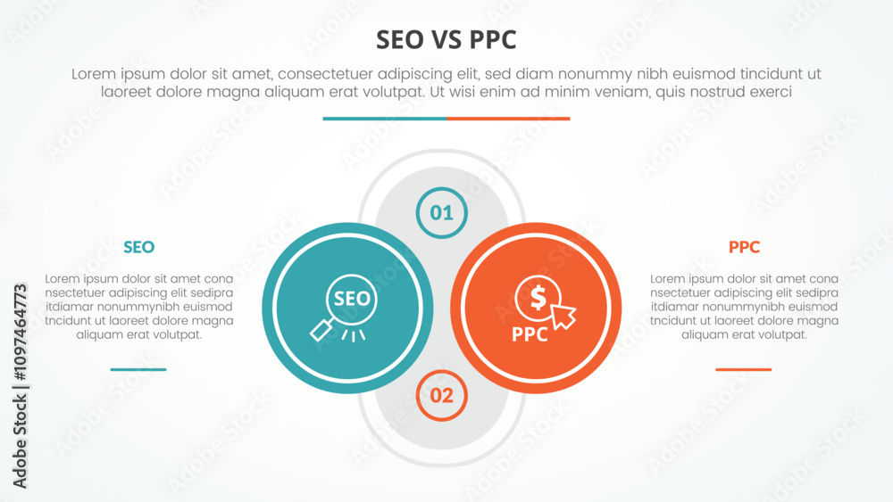 seo vs ppc advertising comparison opposite infographic concept for slide presentation with big outline circle on center with description on left and right with flat style seo vs ppc advertising comparison opposite infographic concept for slide presentation with big outline circle on center with description on left and right with flat style