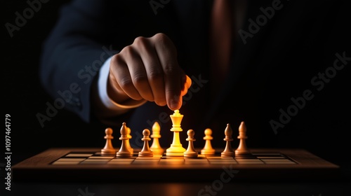 A focused hand moves a golden chess piece on a dark chessboard, symbolizing strategy, competition, and skill in gameplay.
