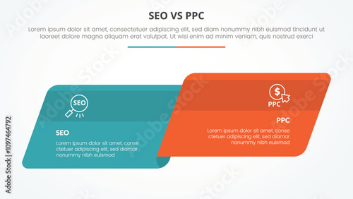 seo vs ppc advertising comparison opposite infographic concept for slide presentation with skew round rectangle box side by side with flat style