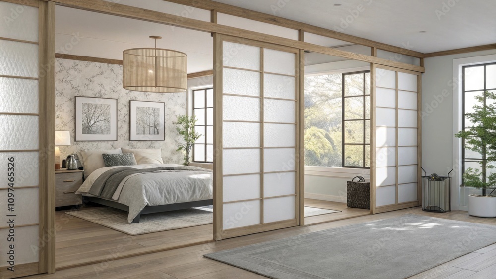 Obraz premium Sliding room dividers crafted from frosted glass elegantly separate the sleeping nook from the main living area while preserving an open ambiance. When closed they create a private