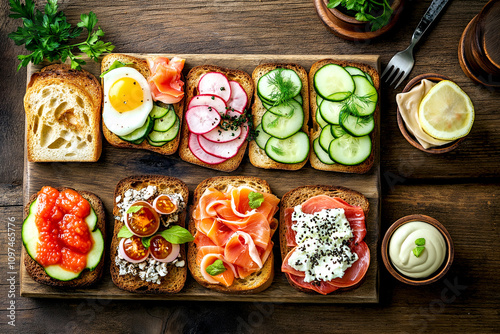 Traditional Danish open sandwiches - Smorrebrod .Dark rye bread with various fish slices and vegetables on dark wood board top view photo