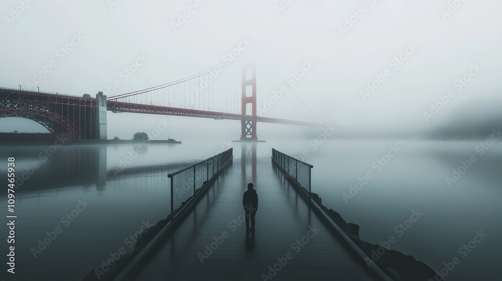 Obraz premium Solitary Figure on Foggy Pier with Golden Gate Bridge in Background - Atmospheric San Francisco Landscape Photography