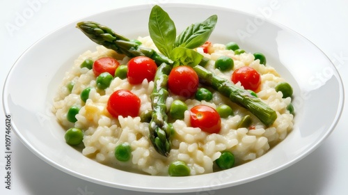 A mouthwatering plate of creamy risotto primavera loaded with seasonal vegetables like asparagus, peas, and cherry tomatoes