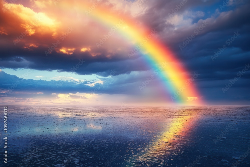 Vibrant Rainbow Arching Over a Calm Sea at Sunset Dramatic Sky, Colorful Clouds, and Water Reflection Vibrant Rainbow Arching Over a Calm Sea at Sunset Dramatic Sky, Colorful Clouds, and Water Reflection