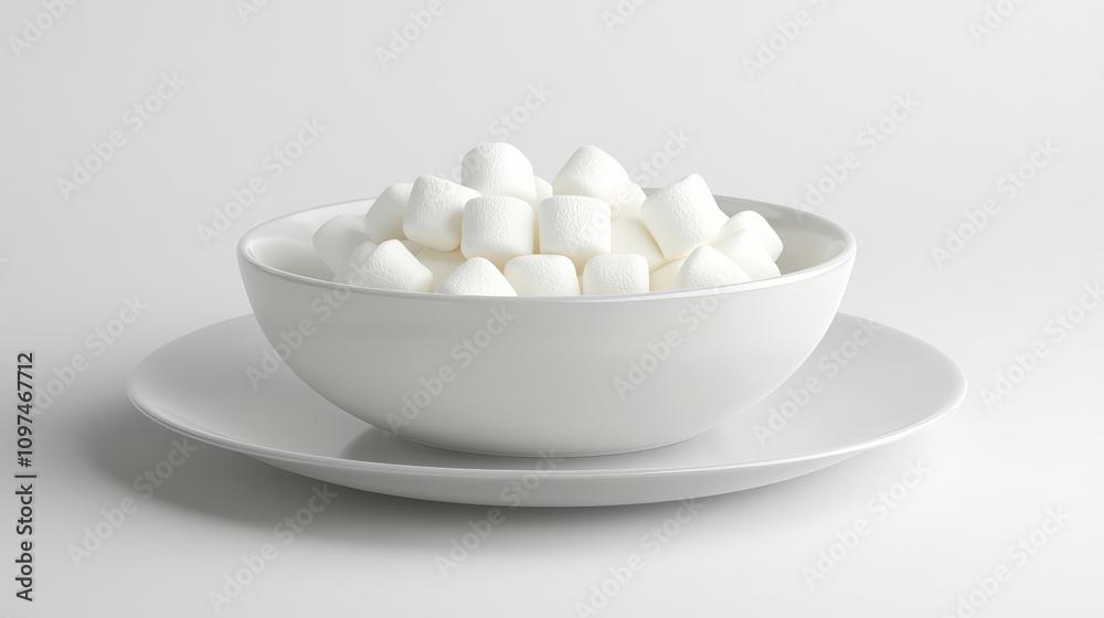bowl of white marshmallows on plate, creating clean and minimalist aesthetic. Perfect for sweet treats or dessert presentations