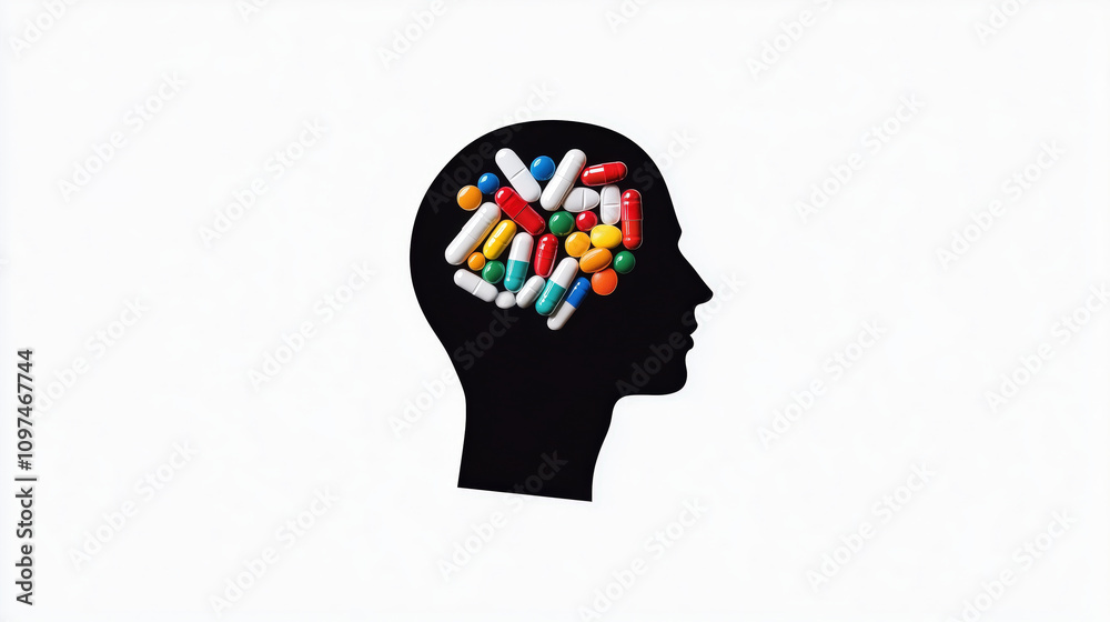 A silhouette of a head filled with colorful pills, representing the relationship between mental health and medication. A silhouette of a head filled with colorful pills, representing the relationship between mental health and medication.