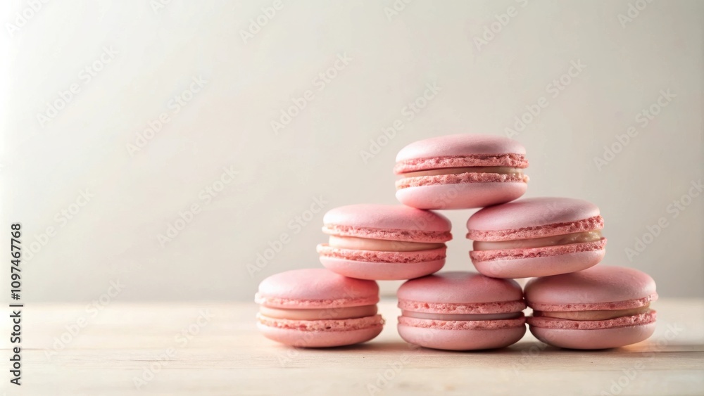 Fototapeta premium A Delicate Pyramid of Pastel Pink Macarons on a Light Wooden Surface