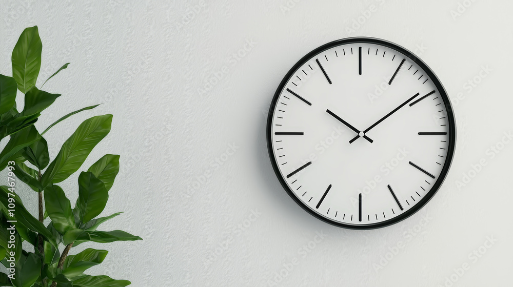 modern wall clock with clean white face and black hands, surrounded by green plant, adds touch of elegance to any space modern wall clock with clean white face and black hands, surrounded by green plant, adds touch of elegance to any space