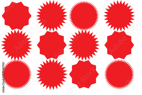 Starburst red sticker set - collection of special offer sale round and oval sunburst labels and buttons isolated on white background. Stickers and badges with star edges for promo advertising.