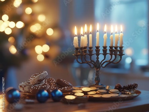 Festive Hanukkah Menorah with Lit Candles, Gingerbread Cookies, and Coins - Warm Holiday Atmosphere photo