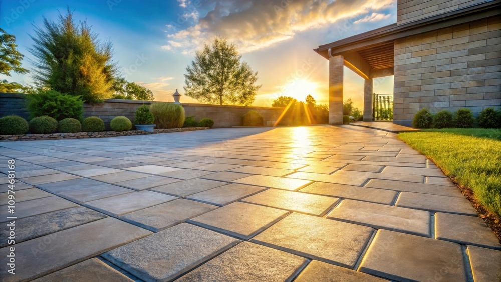 Fototapeta premium Golden Sunset Illuminates Elegant Brick Patio and Landscaped Garden