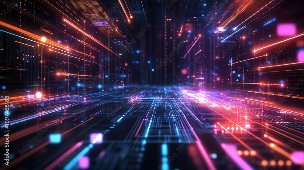 Abstract Futuristic Digital Network Glowing Lines, Data Stream, Neon Lights, Technology Background Abstract Futuristic Digital Network Glowing Lines, Data Stream, Neon Lights, Technology Background