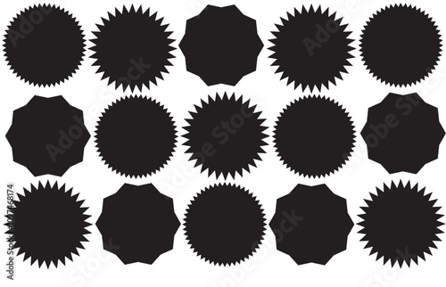 Starburst red sticker set - collection of special offer sale round and oval sunburst labels and buttons isolated on white background. Stickers and badges with star edges for promo advertising.