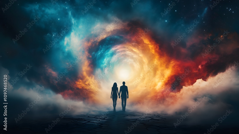 At dusk, two figures stand hand in hand, gazing into a vibrant cosmic portal that swirls with colors. Their journey symbolizes exploration of the spiritual realm and connection. At dusk, two figures stand hand in hand, gazing into a vibrant cosmic portal that swirls with colors. Their journey symbolizes exploration of the spiritual realm and connection.