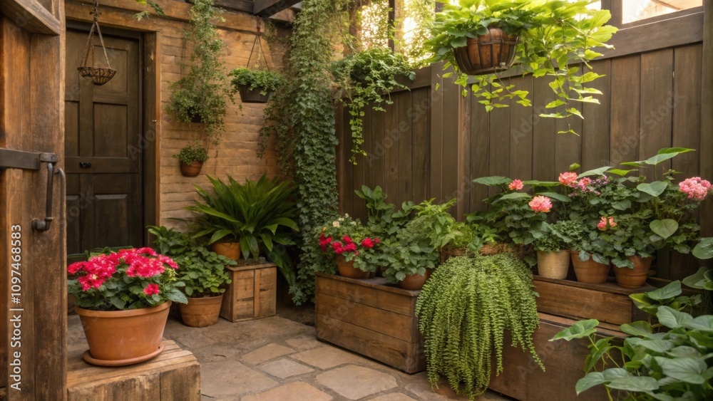 Naklejka premium The charming nook is alive with diverse shapes and shades of green where lush pots sit beside vibrant blooms on rustic wooden fixtures. Ethereal plant hangers create layers of