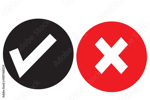  tick symbol and red cross sign in circle. Icons for evaluation quiz. Vector.