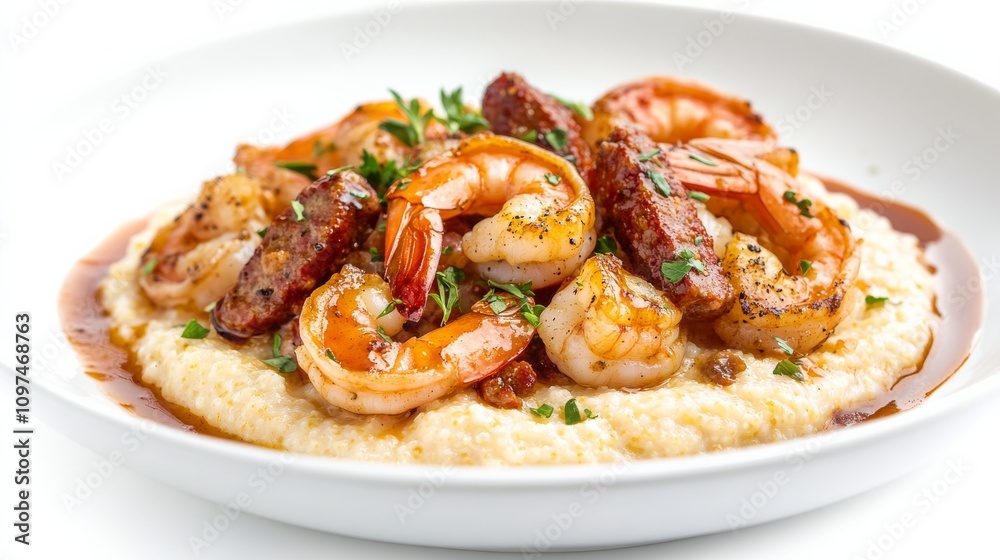 A mouthwatering plate of shrimp and grits with plump shrimp, creamy cheese grits, and savory Andouille sausage A mouthwatering plate of shrimp and grits with plump shrimp, creamy cheese grits, and savory Andouille sausage