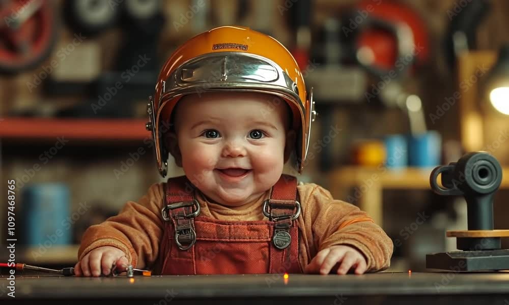 A smiling baby in an orange helmet, sitting on a workbench, exuding joy and curiosity. A smiling baby in an orange helmet, sitting on a workbench, exuding joy and curiosity.