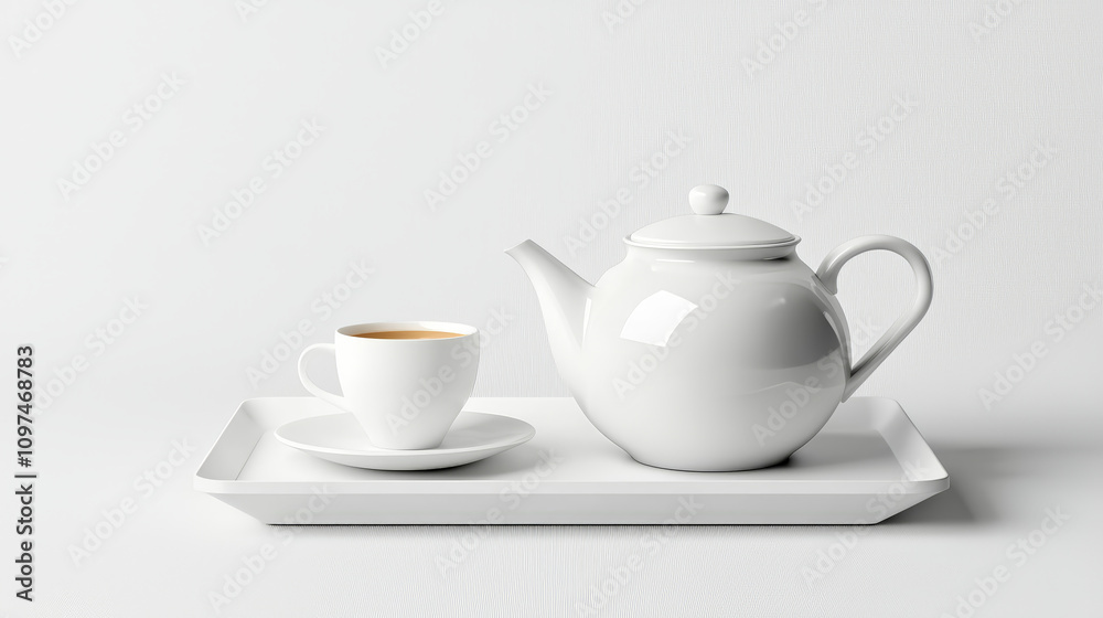 white teapot and cup on tray create serene tea setting, perfect for relaxation and enjoyment. minimalist design enhances elegance of moment white teapot and cup on tray create serene tea setting, perfect for relaxation and enjoyment. minimalist design enhances elegance of moment