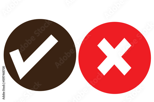  tick symbol and red cross sign in circle. Icons for evaluation quiz. Vector.