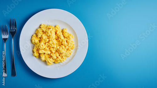 Scrambled eggs on white plate against blue background, perfect for breakfast. Enjoy delicious and nutritious meal with vibrant presentation