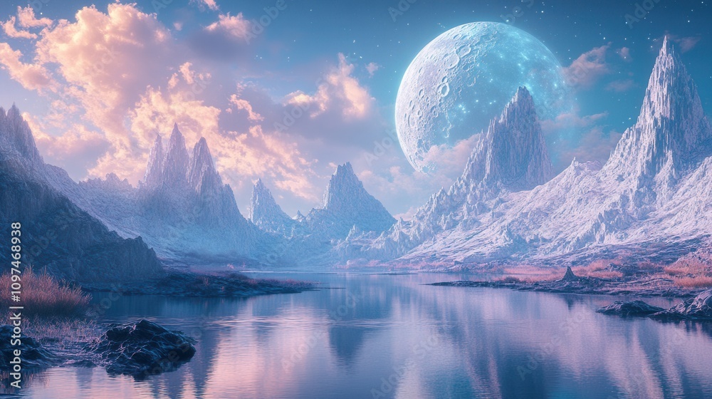 Surreal Alien Landscape Serenity of a Pastel Moonlit Lake Surrounded by Mystical Mountains and a Giant Moon - Fantasy Art Surreal Alien Landscape Serenity of a Pastel Moonlit Lake Surrounded by Mystical Mountains and a Giant Moon - Fantasy Art