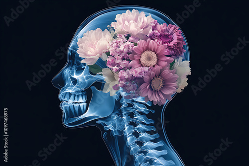 An X-ray image of the human head and neck, with flowers growing from within, in the style of a medical illustration. The view is from the side, with a transparent body and a black background