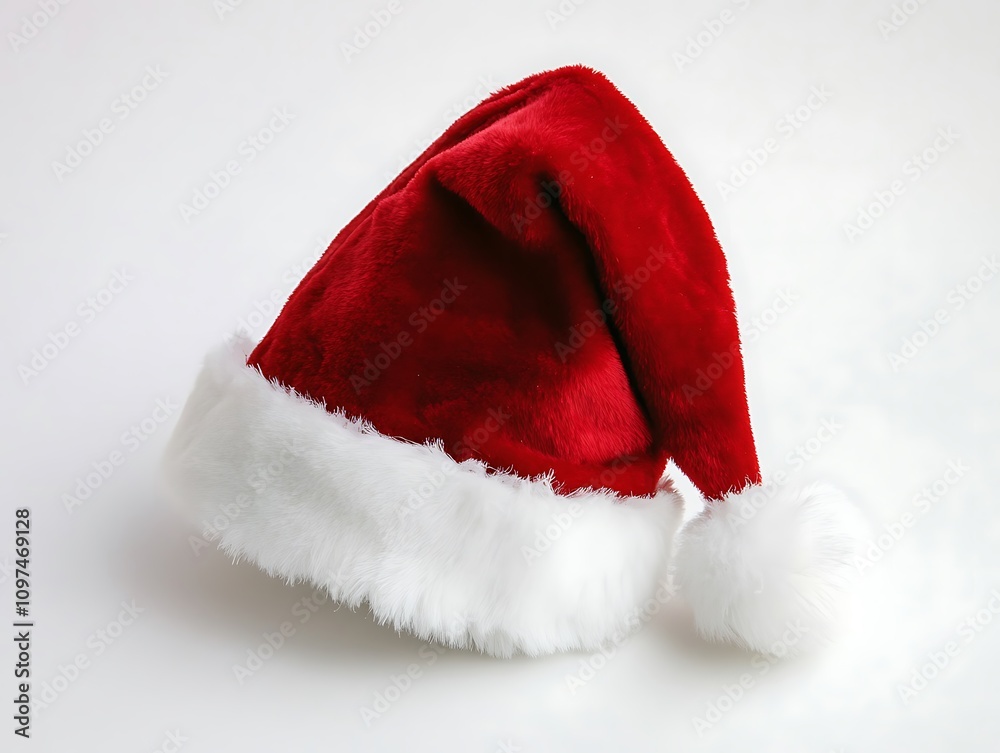 Classic Christmas hat with white fur trim and pom-pom, isolated on a plain white background for a festive winter theme. Classic Christmas hat with white fur trim and pom-pom, isolated on a plain white background for a festive winter theme.